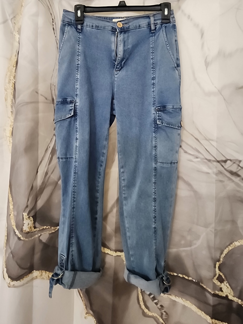 CHARLIE B Stretch Tencel Cargo Pants - Chambray Light Blue Denim Waistband Jeans